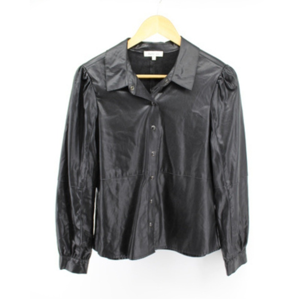 Another Love Faux Leather Blouse Womens S Black Puff Sleeve‎ Button Up Vegan